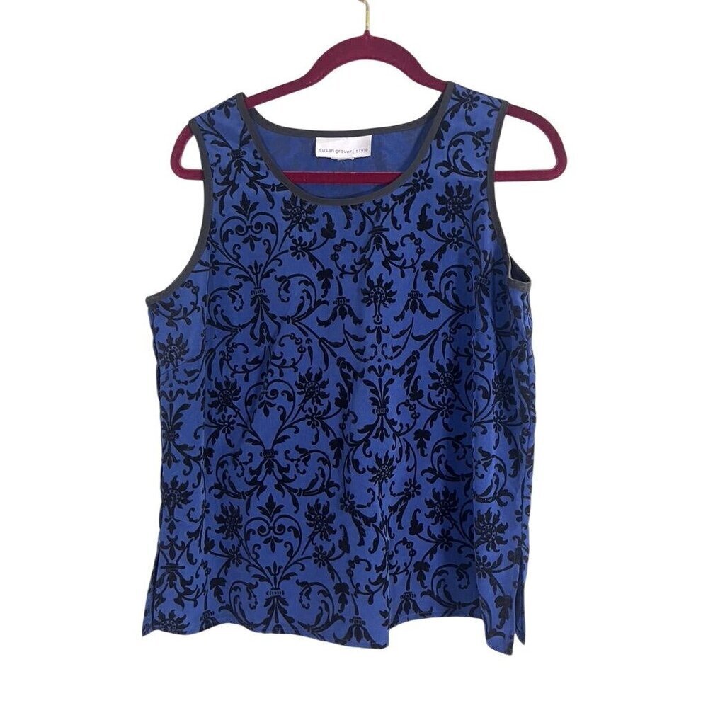 Susan Graver Top Women M Blue Floral Tank Mature Burnout Classic Boho Hippie 80s